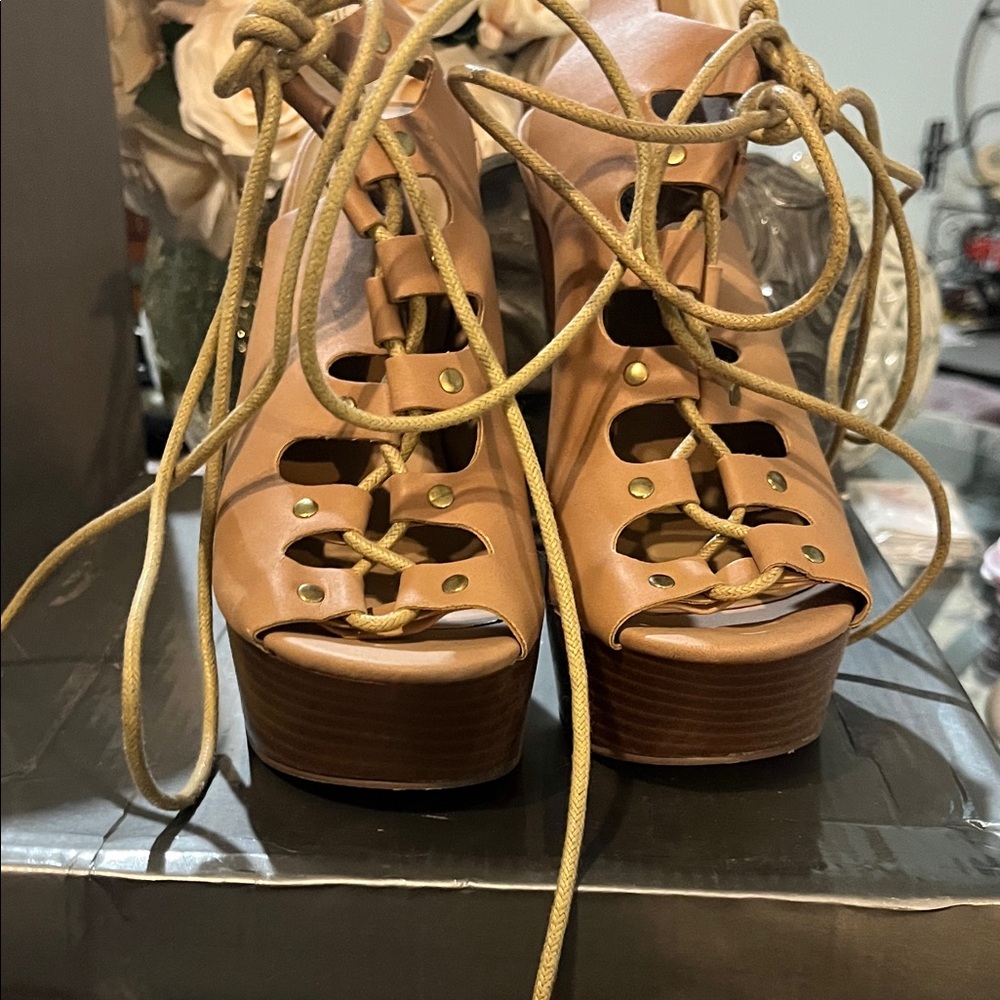 Betsey Johnson Tan Lace-Up Platform Sandals